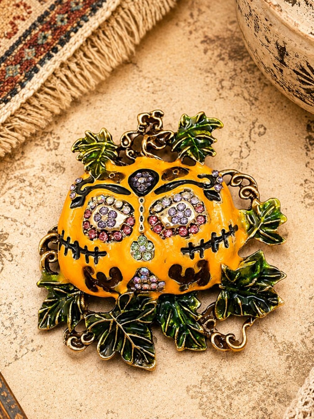 Vintage Jeweled Sugar Skull Pumpkin Brooch Pin Halloween Dia de Los Muertos